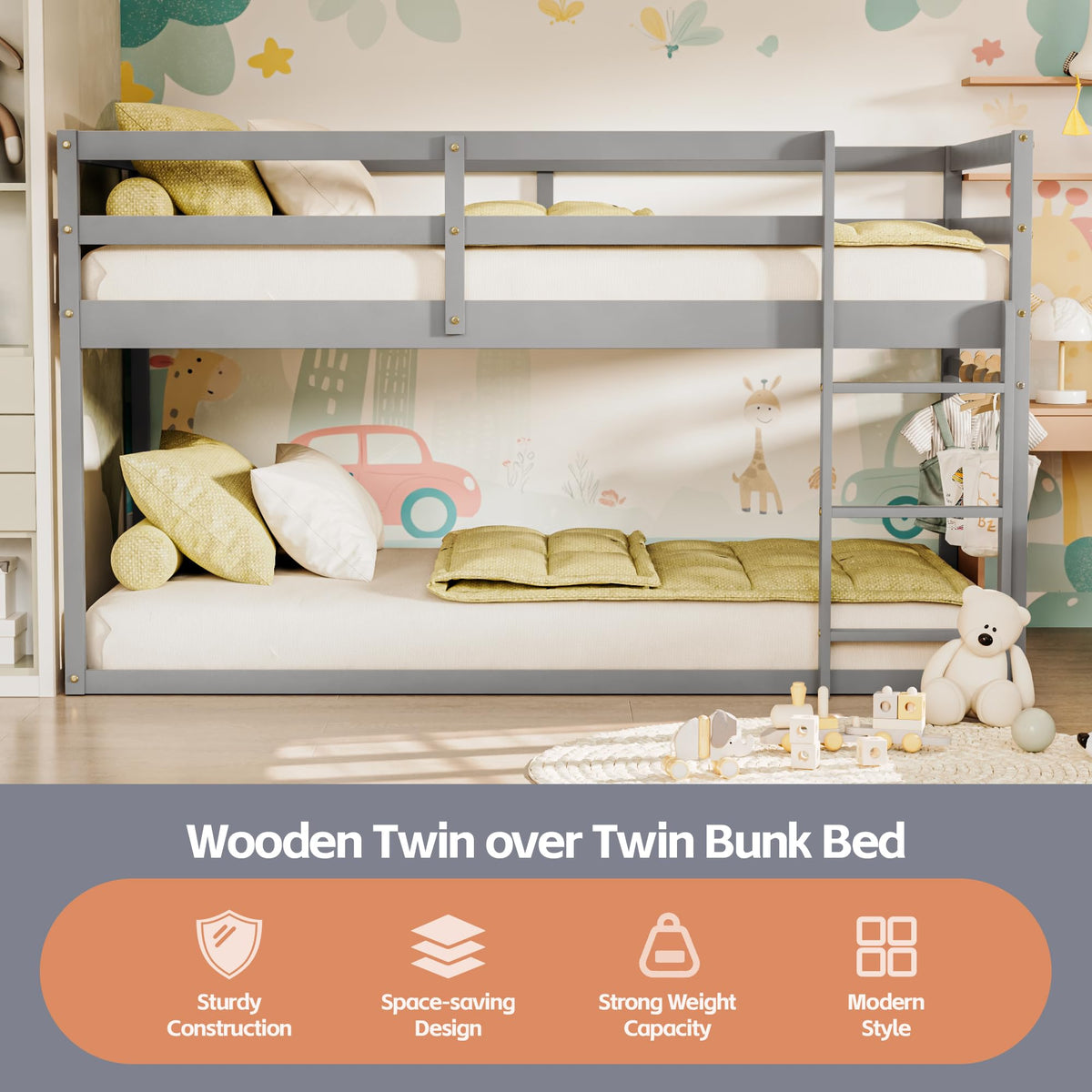 Low Twin Over Twin Wooden Bunk Bed with Ladder and Guardrails D48941