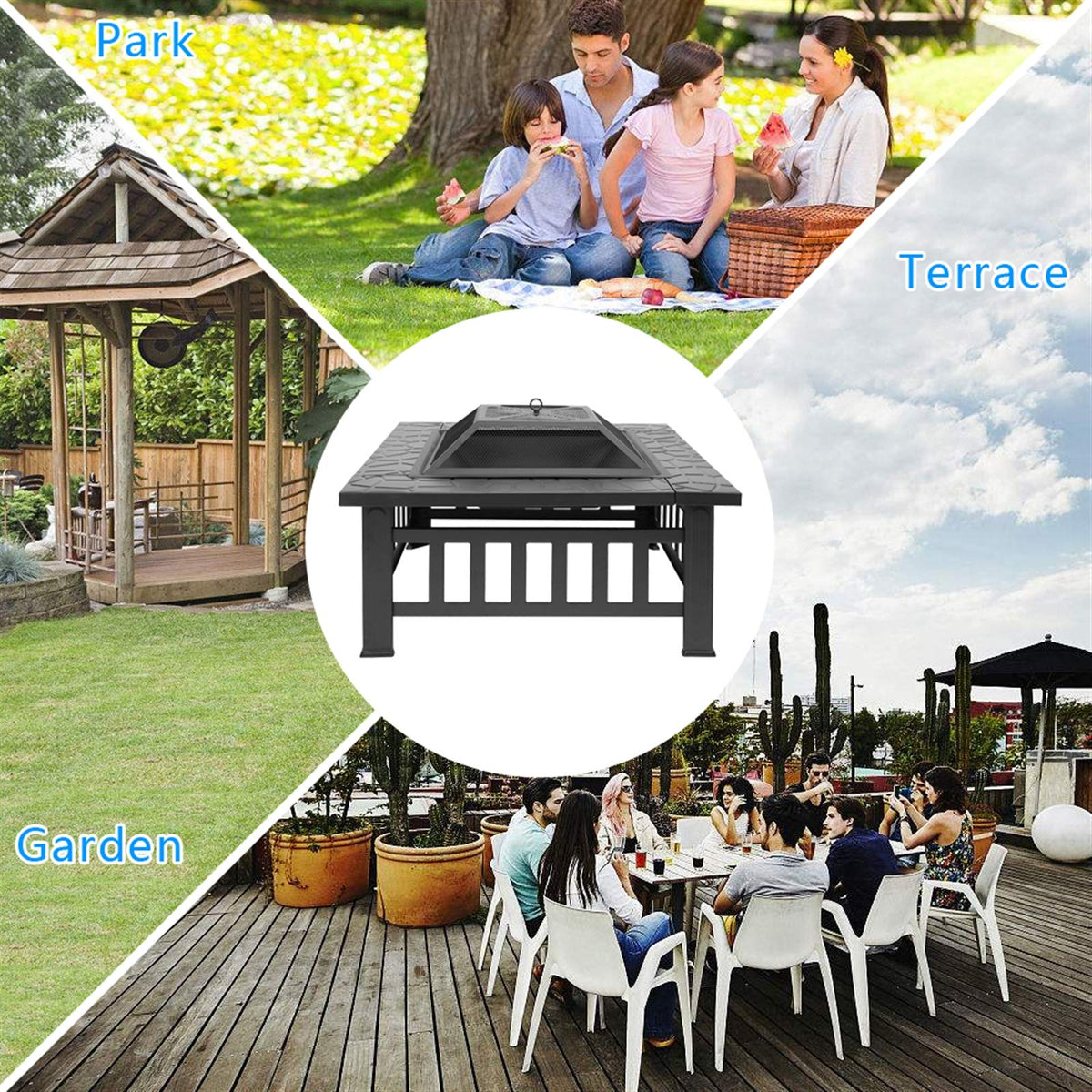 Black 32" Wood Burning Fire Pit Table with Grate, Poker and Spark Screen Cover L145