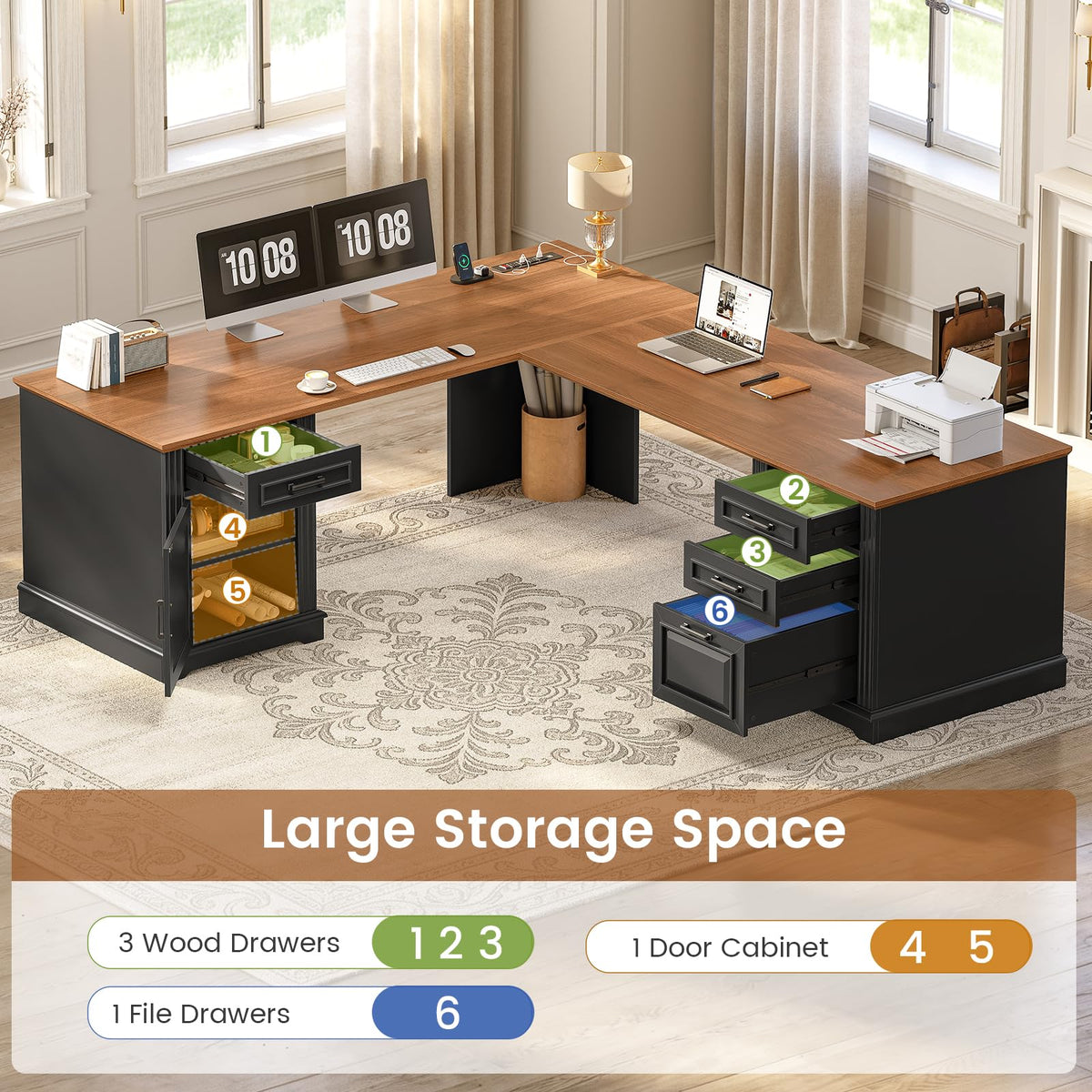 69" L Shaped Desk with Drawers and Storage Cabinet T190191