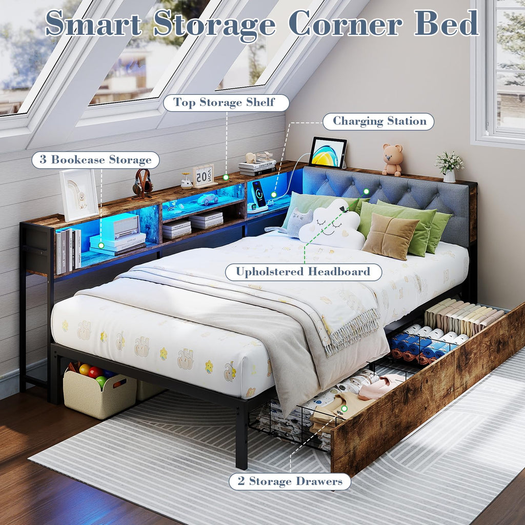 Twin Size Corner Bed Frame with Storage and Headboard O695405