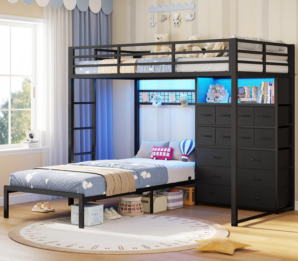 Black Twin Over Twin Bunk Bed with Storage Drawers & Bookshelf H359