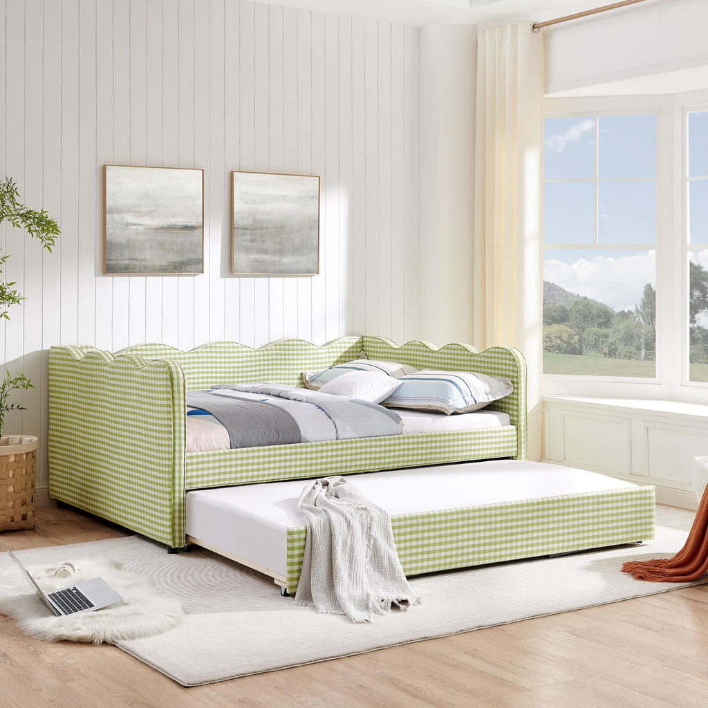 Green Gingham Full to King Upholstered Daybed with Trundle V588155