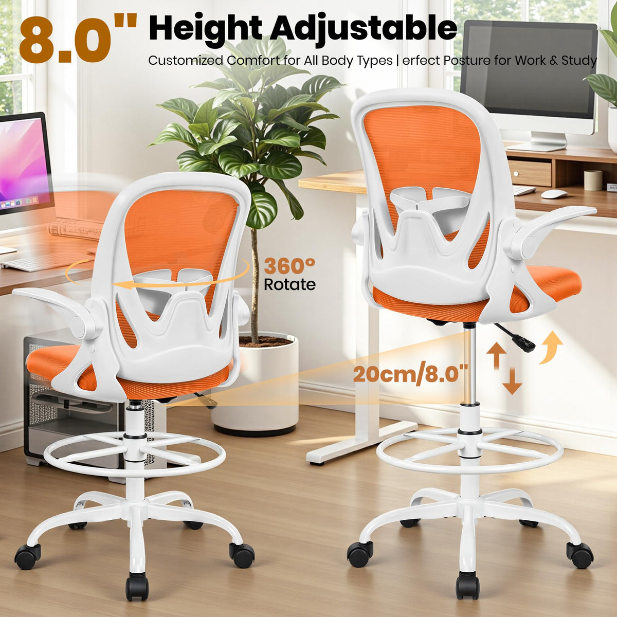 Tall Ergonomic Drafting Chair with Flip-up Armrests and Footrest Ring W83952