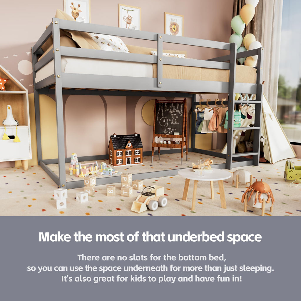 Low Twin Over Twin Wooden Bunk Bed with Ladder and Guardrails D48941