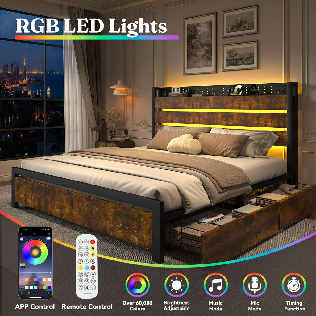 King Size Storage Bed Frame with 4 Drawers, Metal Bed Frame with Headboard Charging Station & Led Lights, Heavy Duty Platform Bedframe, No Box Spring Needed, Noise Free, Easy Assembly, Brown U54191