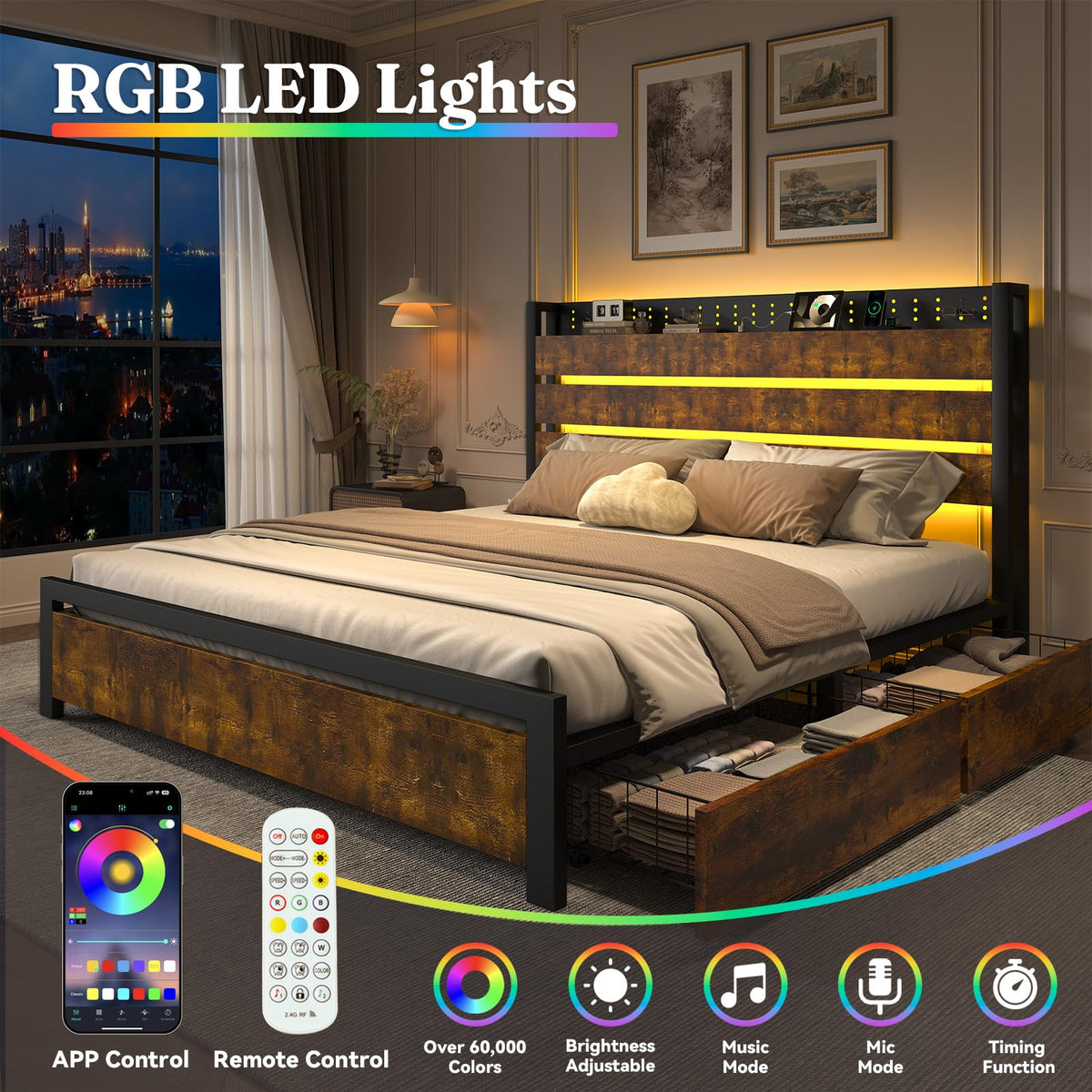 King Size Storage Bed Frame with 4 Drawers, Metal Bed Frame with Headboard Charging Station & Led Lights, Heavy Duty Platform Bedframe, No Box Spring Needed, Noise Free, Easy Assembly, Brown U54191