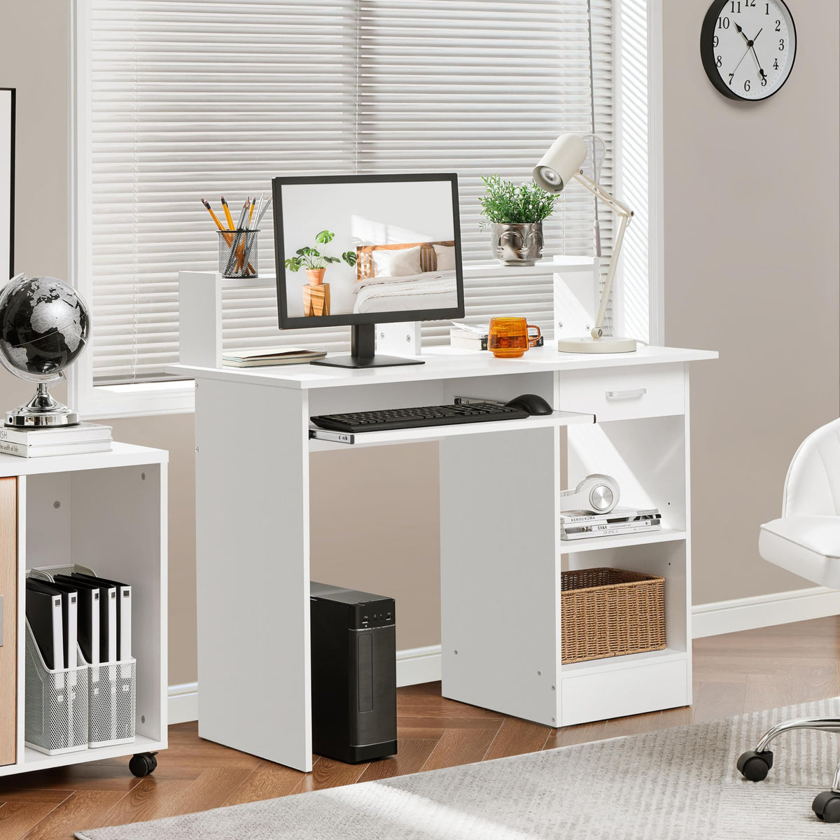 White Computer Desk with Keyboard Tray, Drawers, and Shelves X433