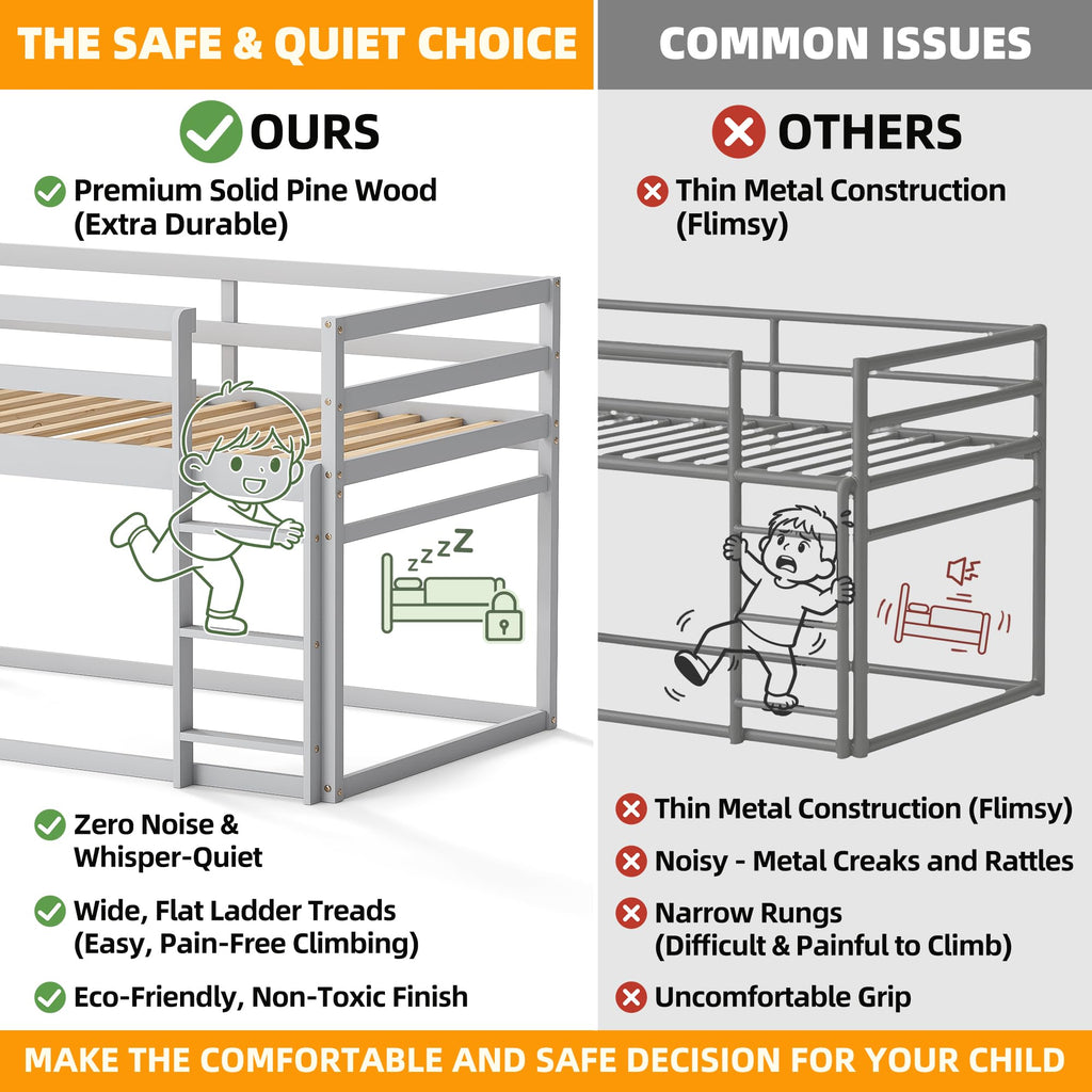 Low Twin Over Twin Wooden Bunk Bed with Ladder and Guardrails D48941