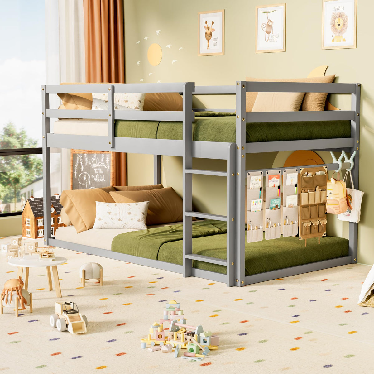 Low Twin Over Twin Wooden Bunk Bed with Ladder and Guardrails D48941