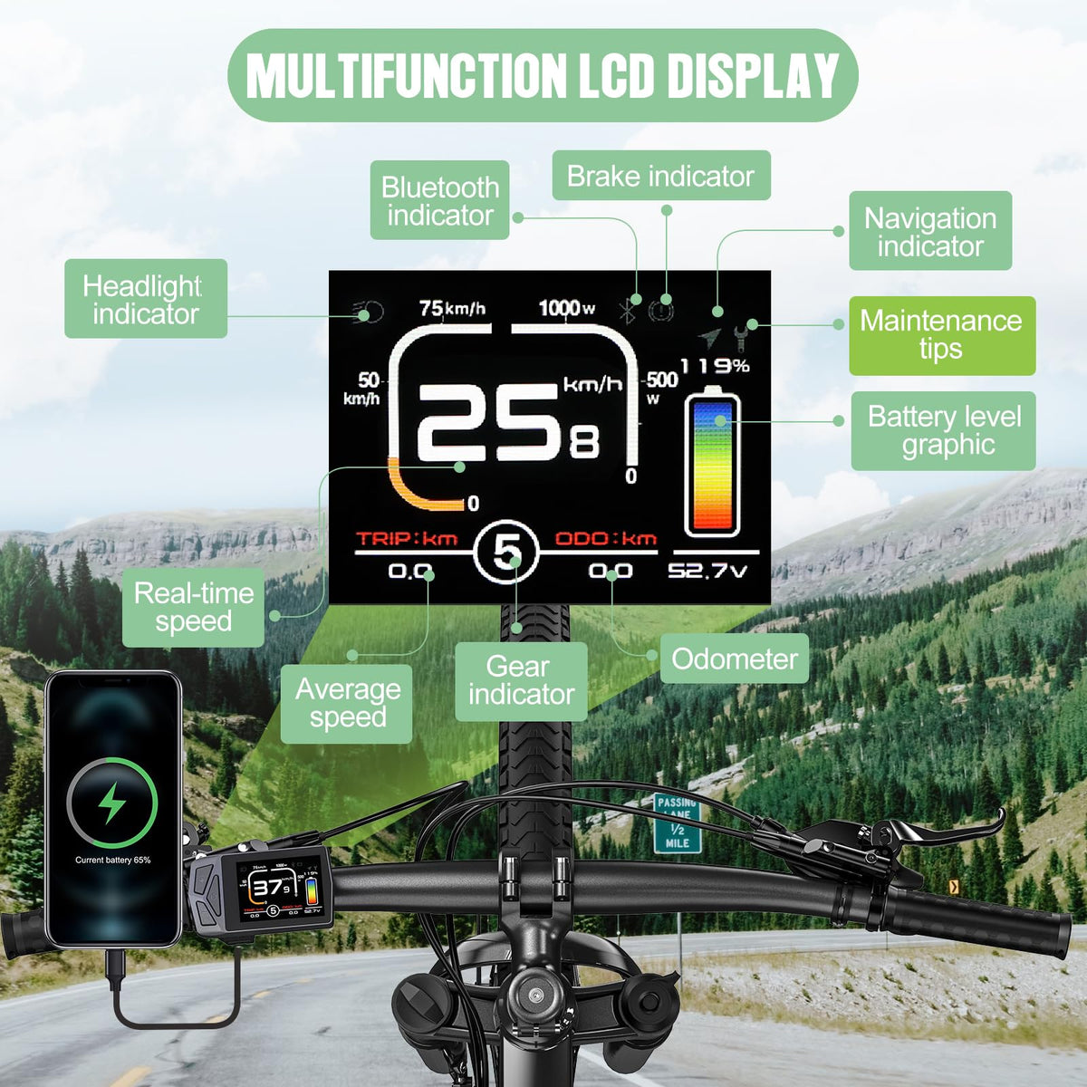 48V 1000W Ebike Conversion Kit with TFT Display and Battery F90620