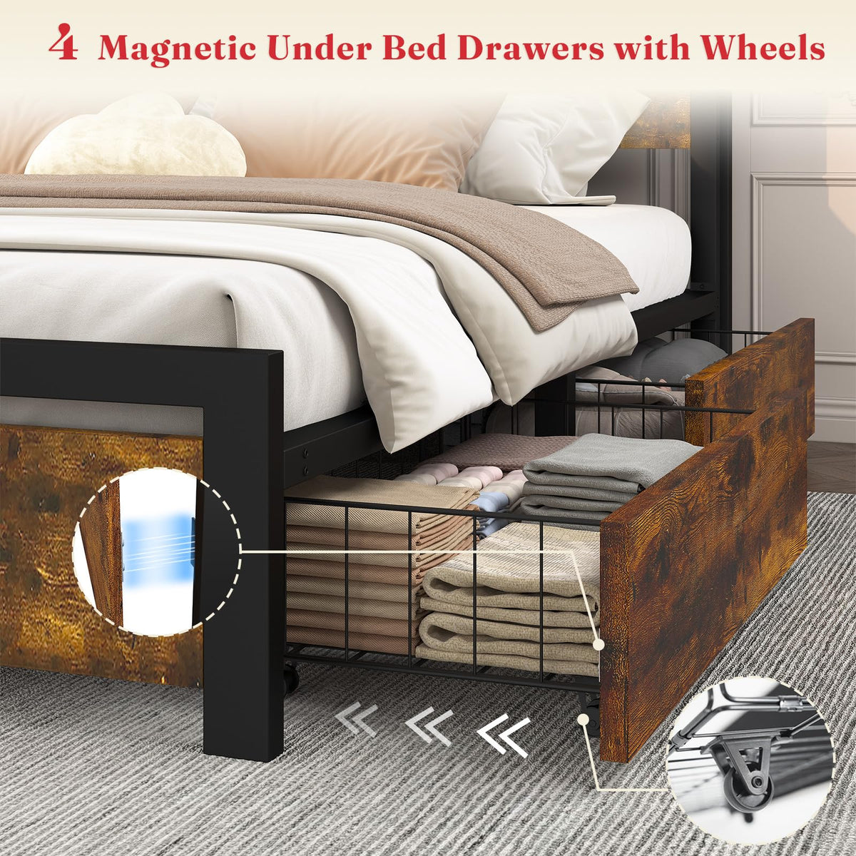 King Size Storage Bed Frame with 4 Drawers, Metal Bed Frame with Headboard Charging Station & Led Lights, Heavy Duty Platform Bedframe, No Box Spring Needed, Noise Free, Easy Assembly, Brown U54191