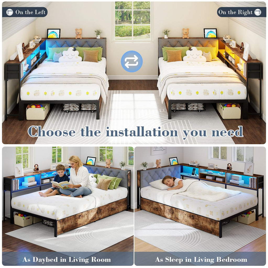 Twin Size Corner Bed Frame with Storage and Headboard O695405