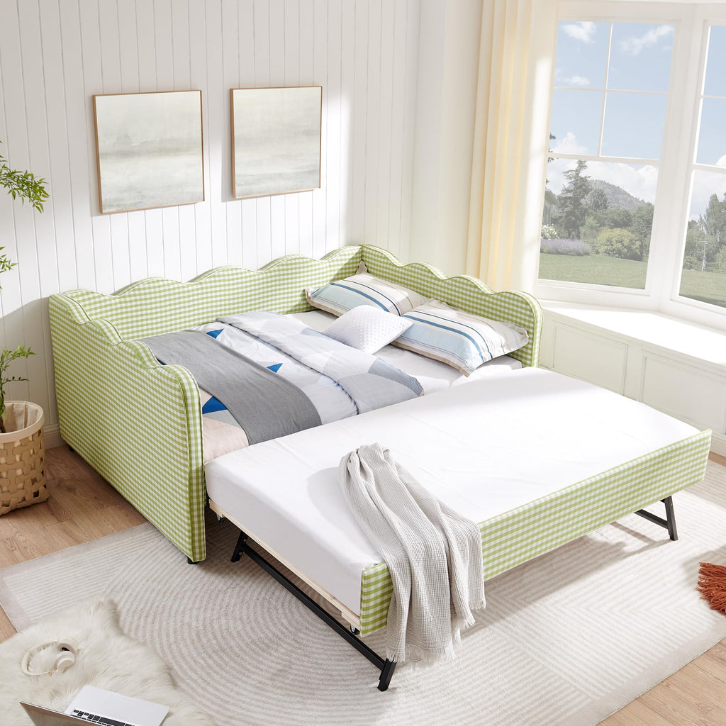 Green Gingham Full to King Upholstered Daybed with Trundle V588155
