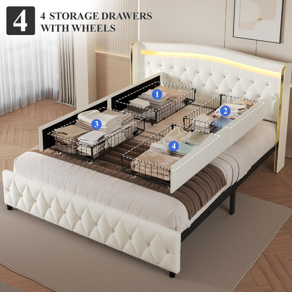 White Full Size Bed Frame with 4 Storage Drawers T66915