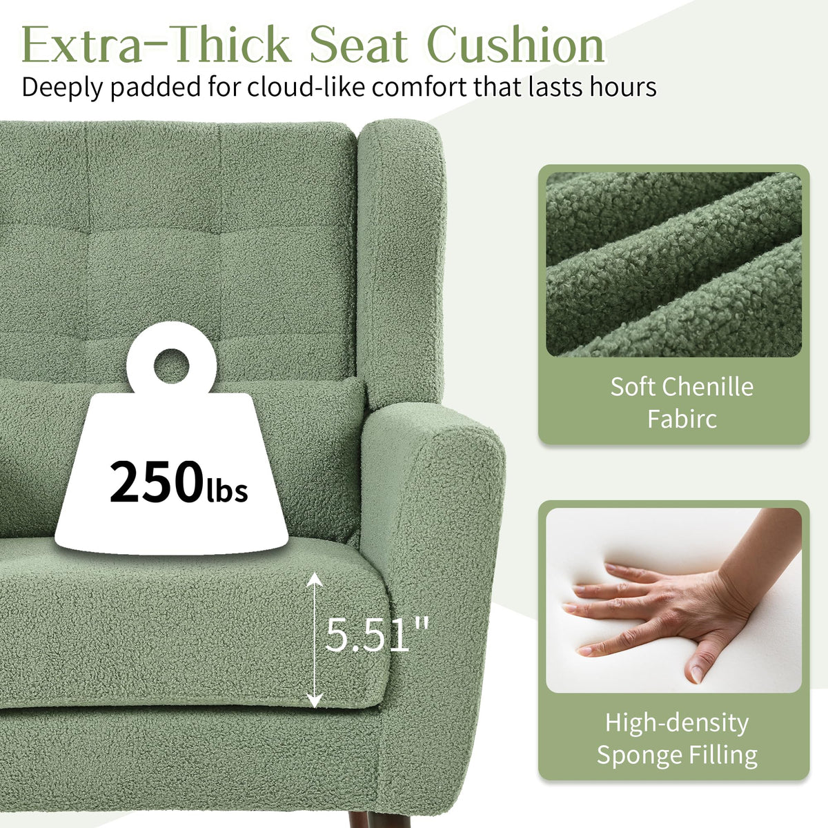 Green Teddy Upholstered Armchair Set of 2 with Lumbar Pillow S488
