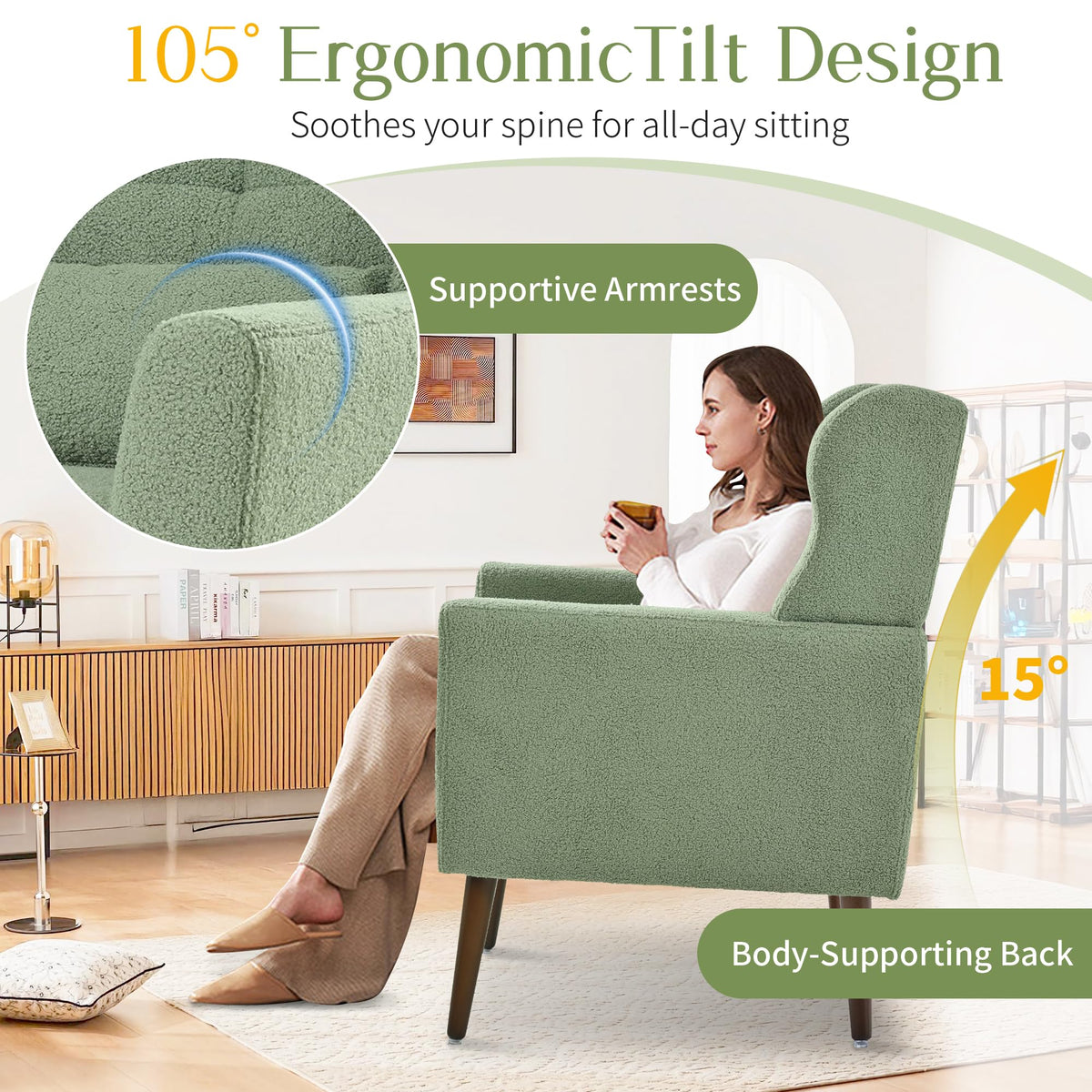 Green Teddy Upholstered Armchair Set of 2 with Lumbar Pillow S488
