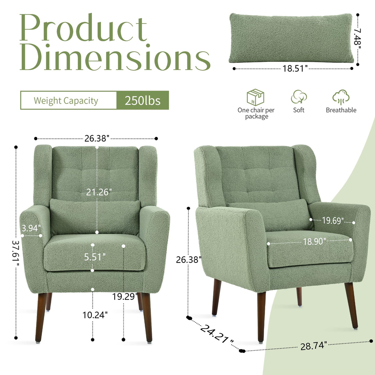 Green Teddy Upholstered Armchair Set of 2 with Lumbar Pillow S488