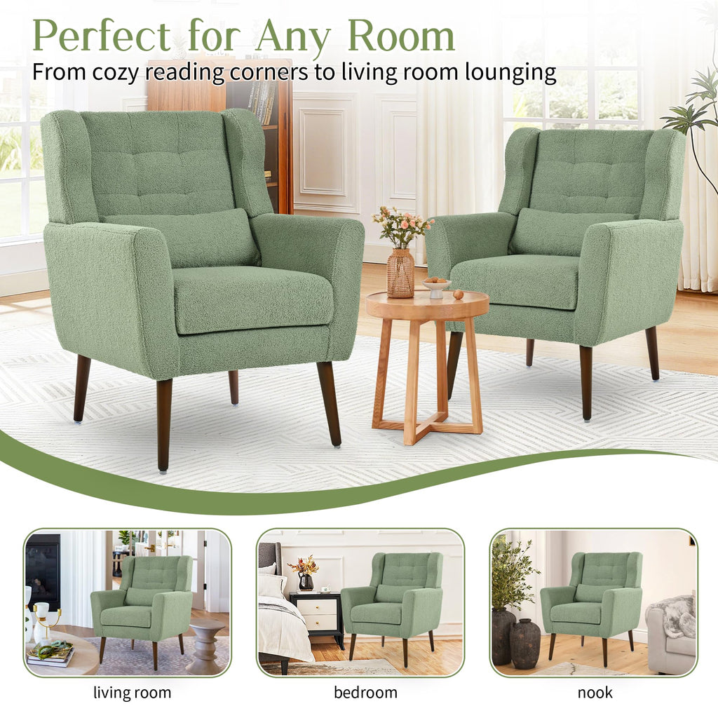 Green Teddy Upholstered Armchair Set of 2 with Lumbar Pillow S488