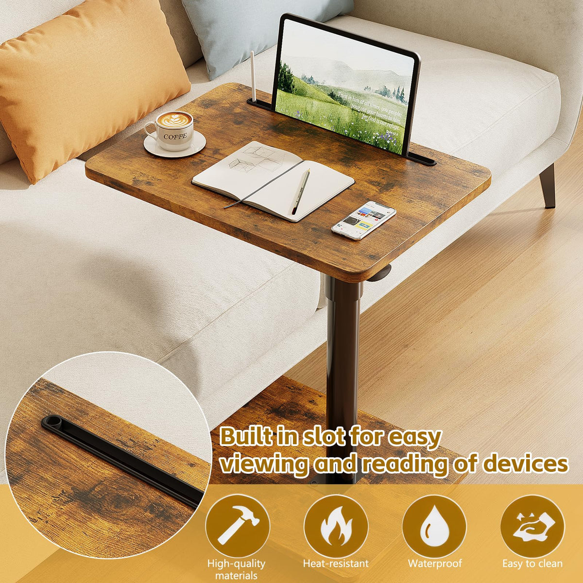 Height Adjustable Swivel C Shaped Side Table Set of 2 P7090